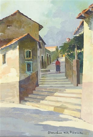 Claudio Da Firenze Scorcio di paese Olio su tavola, cm. 69x50 Firmato in...
