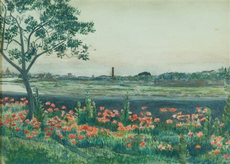 Antonio Guidotti Paesaggio, 1947 Tecnica mista su carta, cm. 25x35 Firmato in...