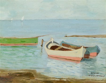 Nello Giovannelli Barche ormeggiate Olio su tavola, cm. 20x25 Firmato in...