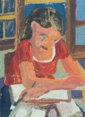 Giuseppe Serafini Studentessa Olio su carta di giornale intelata, cm. 40x30...