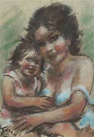 Ermanno Toschi Maternità Tecnica mista su tavola, cm. 24x18 Firmato in basso...