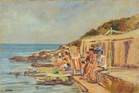 Cioni Marina con figure Olio su tela, cm. 40x60 Firmato in basso a sinistra.