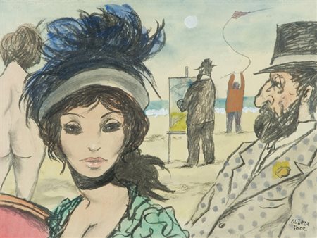 Fausto Maria Liberatore Marina con figure Tecnica mista su carta, cm. 30x40...