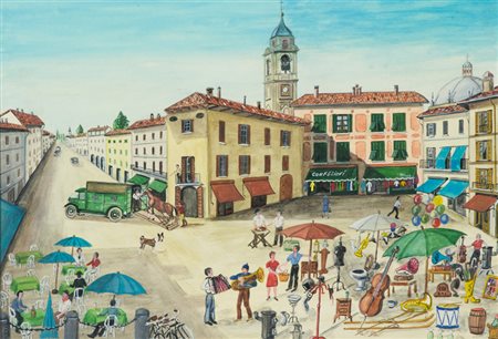 Arturo Stucchi Giorno di fiera, 1977 Tecnica mista su cartone, cm. 35x50...