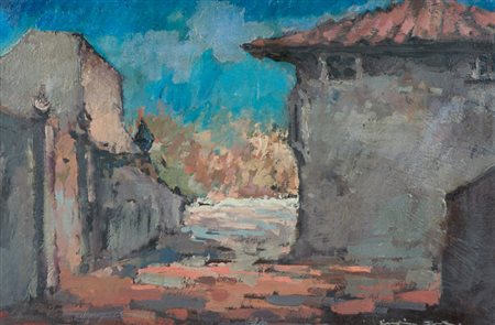 Voltolino Fontani Viale Olio su faesite, cm. 30x45 Firmato in basso a destra....