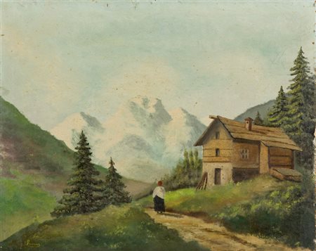 Ferraris Paesaggio con figura Olio su tela, cm. 50x63 Firmato in basso a...