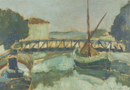 Natale Filannino Porticciolo Olio su tavola, cm. 50x70 Firmato in basso a...