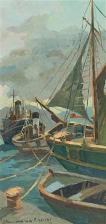 Claudio Da Firenze Barche ormeggiate Olio su faesite, cm. 60x30 Firmato in...