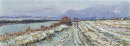 Biagio Chiesi Nevicata di Dicembre Olio su tavola, cm. 12x30 Firmato in basso...