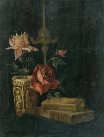 Anonimo dell'800 Natura morta Olio su tela applicata su cartone, cm. 61x48 La...