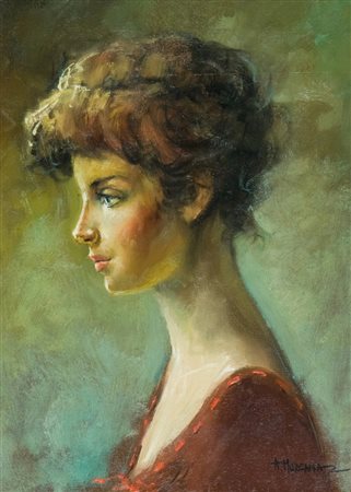 A. Morgana Figura Olio su tavola, cm. 40x30 Firmato in basso a destra.