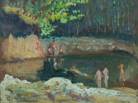 Giulio Romano Vercelli Il bagno nel laghetto, 1932 Olio su faesite, cm. 16x21...