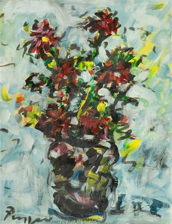 Enzo Pregno Vaso di fiori, 1958 Olio su cartone, cm. 50x40 Firmato in basso a...