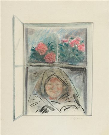 Anonimo Donna alla finestra Pastelli policromi su carta, cm. 60x48 Firma...