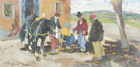 Basso Ragni Cavallo e figure Olio su tavola, cm. 30x60 Firmato in basso a...