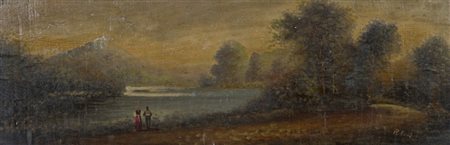 Anonimo Paesaggio con figure Olio su tavola, cm. 18x53 Firma illeggibile in...
