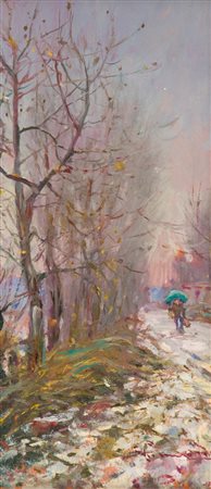 Giorgio Luxardo Nevicata presso Tombolo Olio su tavola, cm. 28x13 Firmato in...