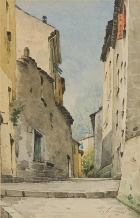 R. Righetti Scorcio di paese Acquerello su carta, cm. 21x13,5 Firmato in...