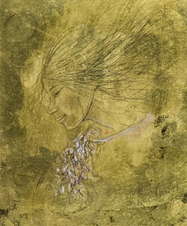 Maria Pasini Morigi Volto Incisione e olio su lastra dorata, cm. 11x9 Firmato...