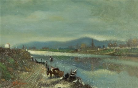 Alfredo Bonciani Mattino grigio sull'Arno Olio su tavola, cm. 40x60 Firmato...
