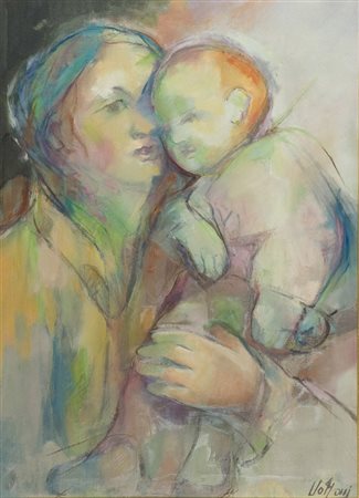 Anonimo Maternità Tecnica mista su tela, cm. 70x50 Firma illeggibile in basso...