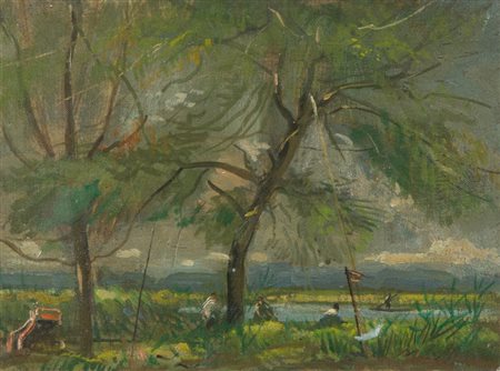 Anonimo Paesaggio con figure Olio su cartone telato, cm. 18x24 Firma...