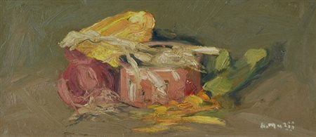 Aldo Mazzi Natura morta, 1973 Olio su tavola, cm. 20x43,5 Firmato in basso a...