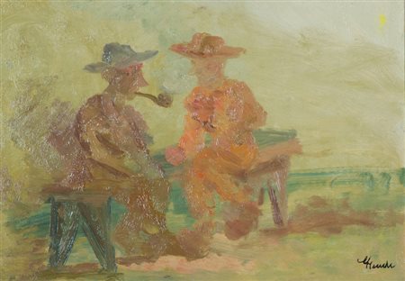 Guido Guidi Interno con figure Olio su tavola, cm. 35x50 Firmato in basso a...