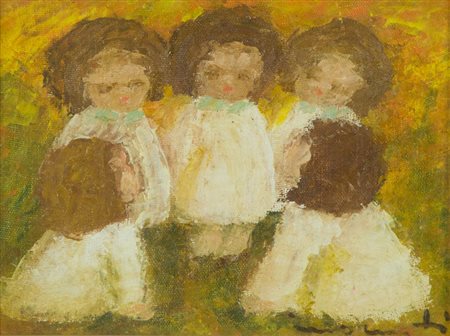 Innocenti Bambini Olio su cartone telato, cm. 18x25 Firmato in basso a...