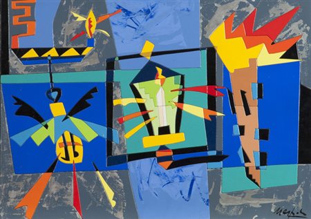 Ugo Nespolo Luci e bagliori Acrilici su legno intarziato, cm. 50x70 Firmato...