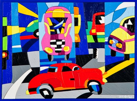 Ugo Nespolo Car show Acrilici su legno intarsiato, cm. 30x40 Firmato in basso...