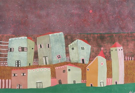 Antonio Luigi Del Sal Il villaggio con chiesetta, 1990 Tecnica mista su...