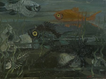 Antonio Ligabue Fondo marino, 1955 Olio su faesite, cm. 18x24 Firmato in...