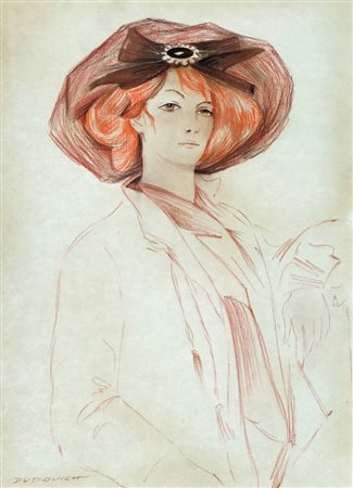 Marcello Dudovich Signora con cappello Tecnica mista su carta, cm. 67x49...