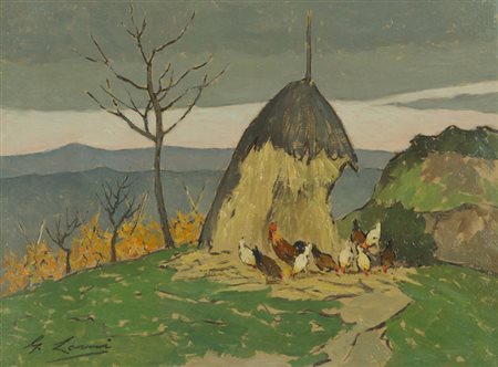 Giovanni Lomi Galline e pagliaio Olio su tavola, cm. 30x40 Firmato in alto a...