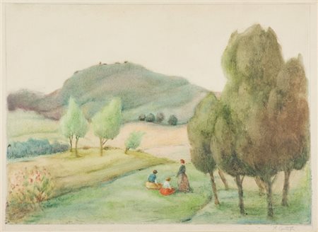 Romeo Costetti Paesaggio con figure Tecnica mista su cartoncino, cm. 50x68...