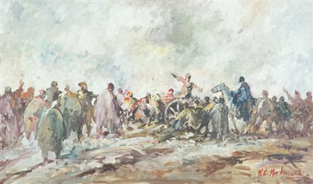 Norberto Martini Soldati al fronte Olio su tela, cm. 60x100 Firmato in basso...