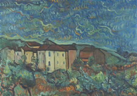 Anonimo del '900 Paesaggio Olio su tavola, cm. 49x68,5 Firmato in basso a...