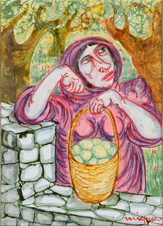 Giuseppe Migneco Contadina China colorata su carta applicata su tela, cm....