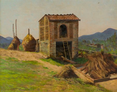 Giorgio Kienerk Pagliai e fienile Olio su tavola, cm. 40x50 Firmato in basso...