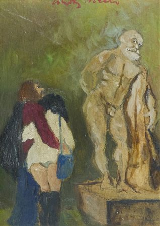 Walter Piacesi Visita al museo, 1983 Olio su cartone, cm. 24x18 Firmato in...