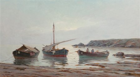 Renuccio Renucci Barche di pescatori, 1935/40 Olio su tavola, cm. 45x80...
