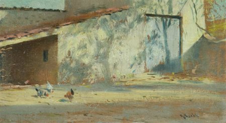 Raffaello Sorbi Nell'aia Olio su tavola, cm. 7,5x13,7 Firmato in basso a...