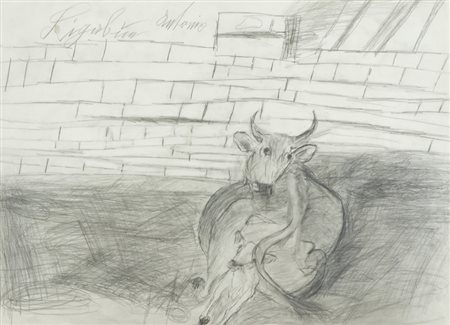 Antonio Ligabue Il parto della mucca Matita su carta, cm. 47x65 Firmato in...