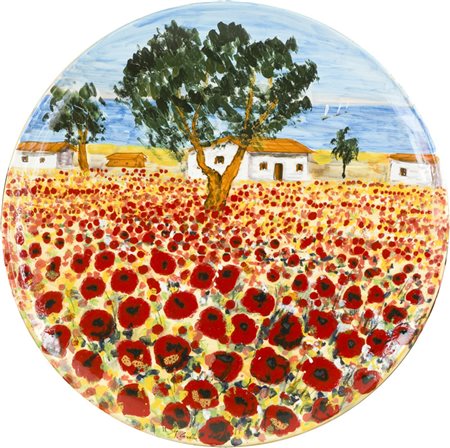 Michele Cascella Campo di papaveri Ceramica dipinta, diametro, cm. 51, es....