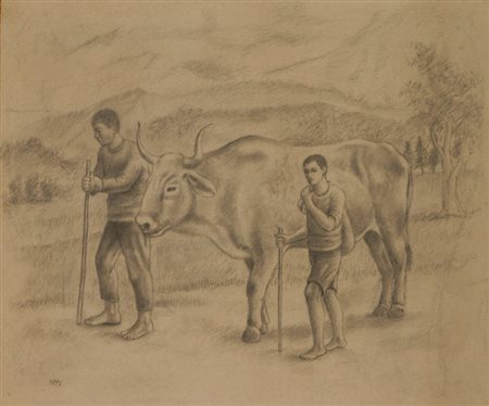 Ubaldo Oppi Contadino, contadinello e bue, 1926 Carboncino su carta, cm....