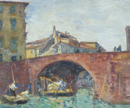 Umberto Vittorini Il ponte sul canale, Pisa, 1927 Olio su cartone, cm....