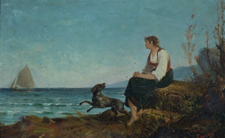 Nicola Torricini Marina con figura e cane, 1887 Olio su tavola, cm. 16x25...