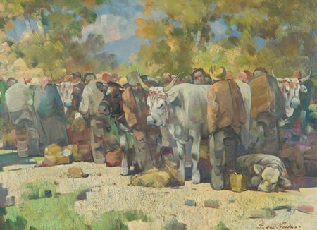 Giulio Da Vicchio Al mercato del bestiame toscano Olio su tela, cm. 50x70...
