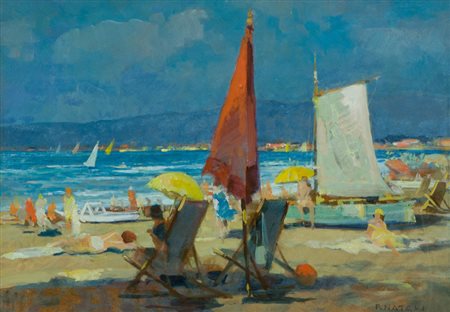 Renato Natali Spiagge di Viareggio Olio su faesite, cm. 35x50 Firmato in...